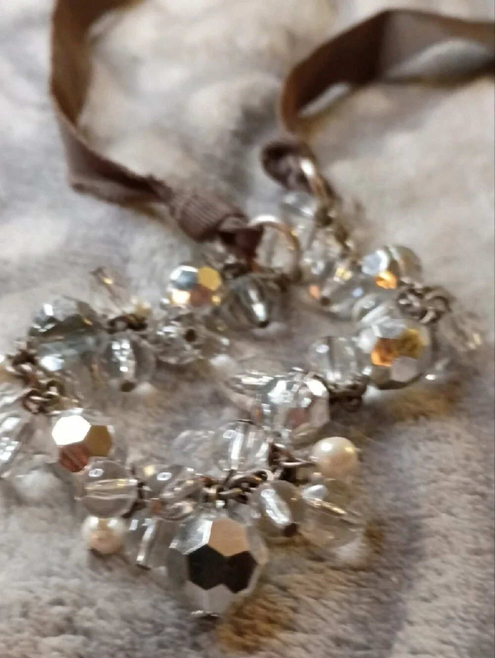 Taupe Ribbon Crystal & Pearl Necklace